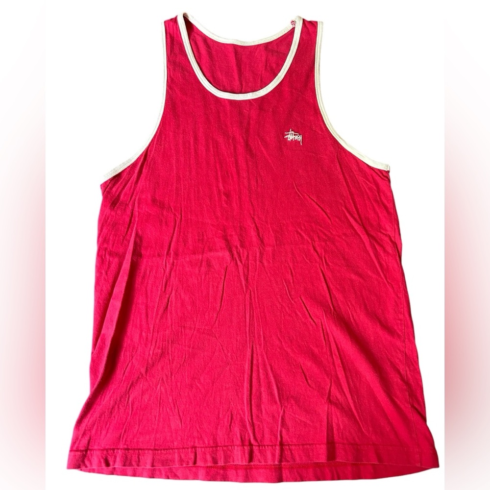 Vintage Stussy Red Pull Over Tank Top Made In India Gold Tag White Size Large